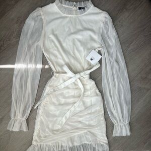 H&M White Mini Dress with Sheer Sleeves